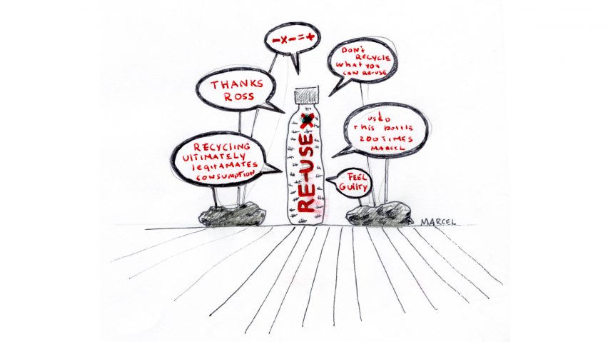 “Recycling ultimately legitimates consumption," says Marcel Wanders as he exhibits his used plastic bottle