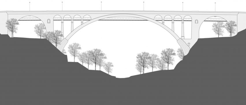 Bridge elevation of Passerelle Pont Adolphe by CBA Architects