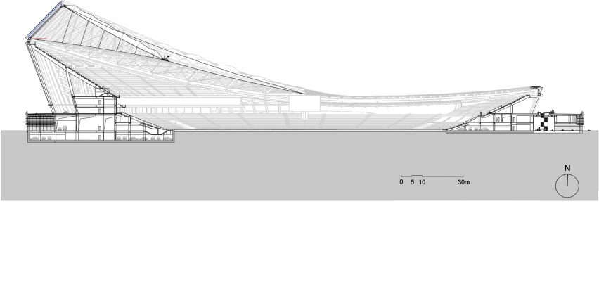 Long section A-A of Wuyuanhe Stadium by GMP