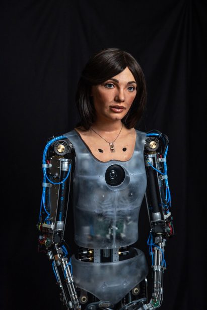 An exhibition of paintings, drawings and sculpture made by Ai-Da, a humanoid robot with artificial intelligence, has been unveiled at a gallery in the UK