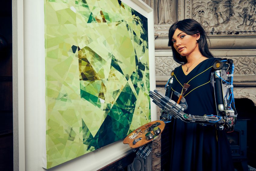 An exhibition of paintings, drawings and sculpture made by Ai-Da, a humanoid robot with artificial intelligence, has been unveiled at a gallery in the UK