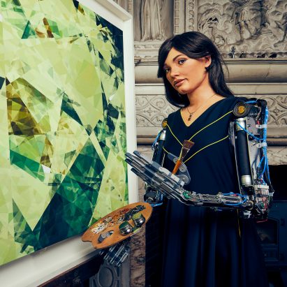 An exhibition of paintings, drawings and sculpture made by Ai-Da, a humanoid robot with artificial intelligence, has been unveiled at a gallery in the UK