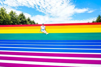 Ascend With Pride installation at Louis Kahn's Four Freedoms Park in New York City's Roosevelt Island