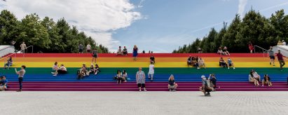 Ascend With Pride installation at Louis Kahn's Four Freedoms Park in New York City's Roosevelt Island