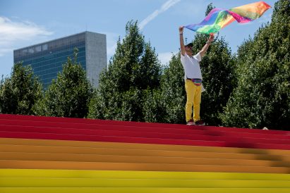 Ascend With Pride installation at Louis Kahn's Four Freedoms Park in New York City's Roosevelt Island