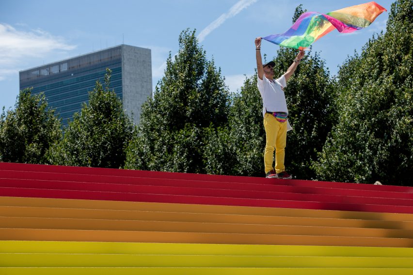 Ascend With Pride installation at Louis Kahn's Four Freedoms Park in New York City's Roosevelt Island
