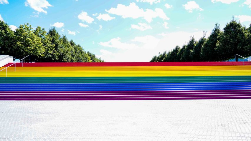 Ascend With Pride installation at Louis Kahn's Four Freedoms Park in New York City's Roosevelt Island