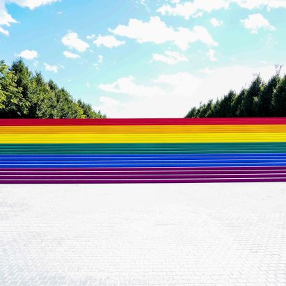 Ascend With Pride installation at Louis Kahn's Four Freedoms Park in New York City's Roosevelt Island