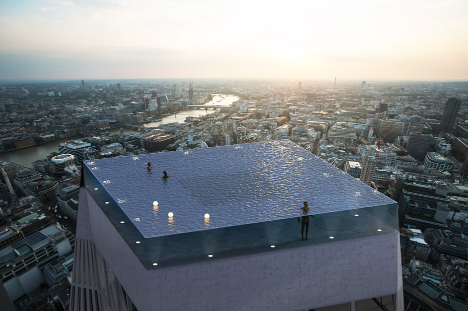 Compass Pools has unveiled their concept for a four-sided infinity pool designed to sit on a 220-metre tower in London and accessed via a submarine-style door