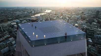 Compass Pools has unveiled their concept for a four-sided infinity pool designed to sit on a 220-metre tower in London and accessed via a submarine-style door