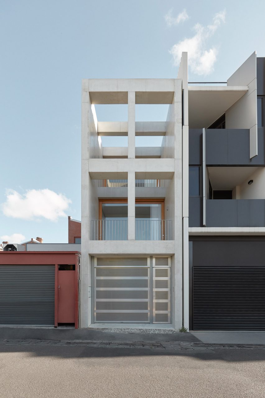 An exposed concrete frame supports this 4.2-metre-wide skinny house in Melbourne designed by Oliver du Puy Architects to feature meditation spaces.