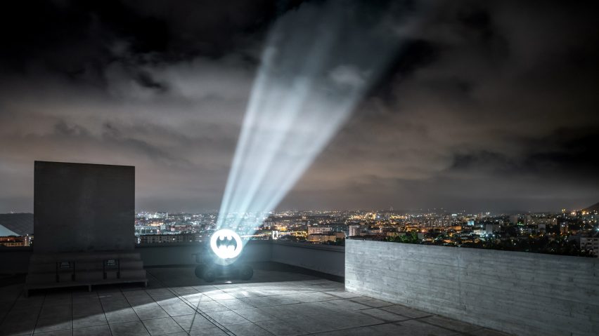 Bat Signal by Alex Israel on roof of Le Corbusier's Cite Radieuse in Marseille