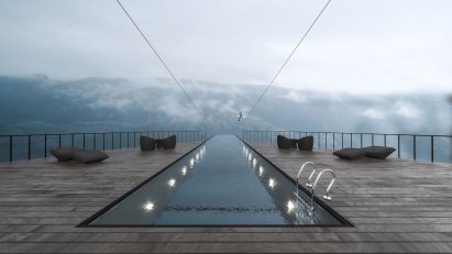 Cliff Concept Boutique Hotel with cantilevered swimming pool by Hayri Atak Architectural Design Studio in Norway