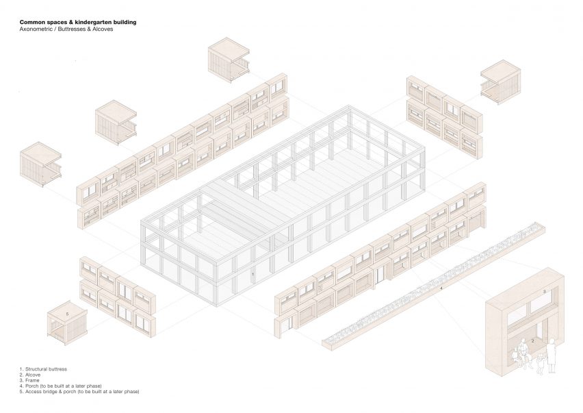 Exploded axonometric of El Til-ler Kindergarten School by Eduard Balcells, Ignasi Rius and Daniel Tigges