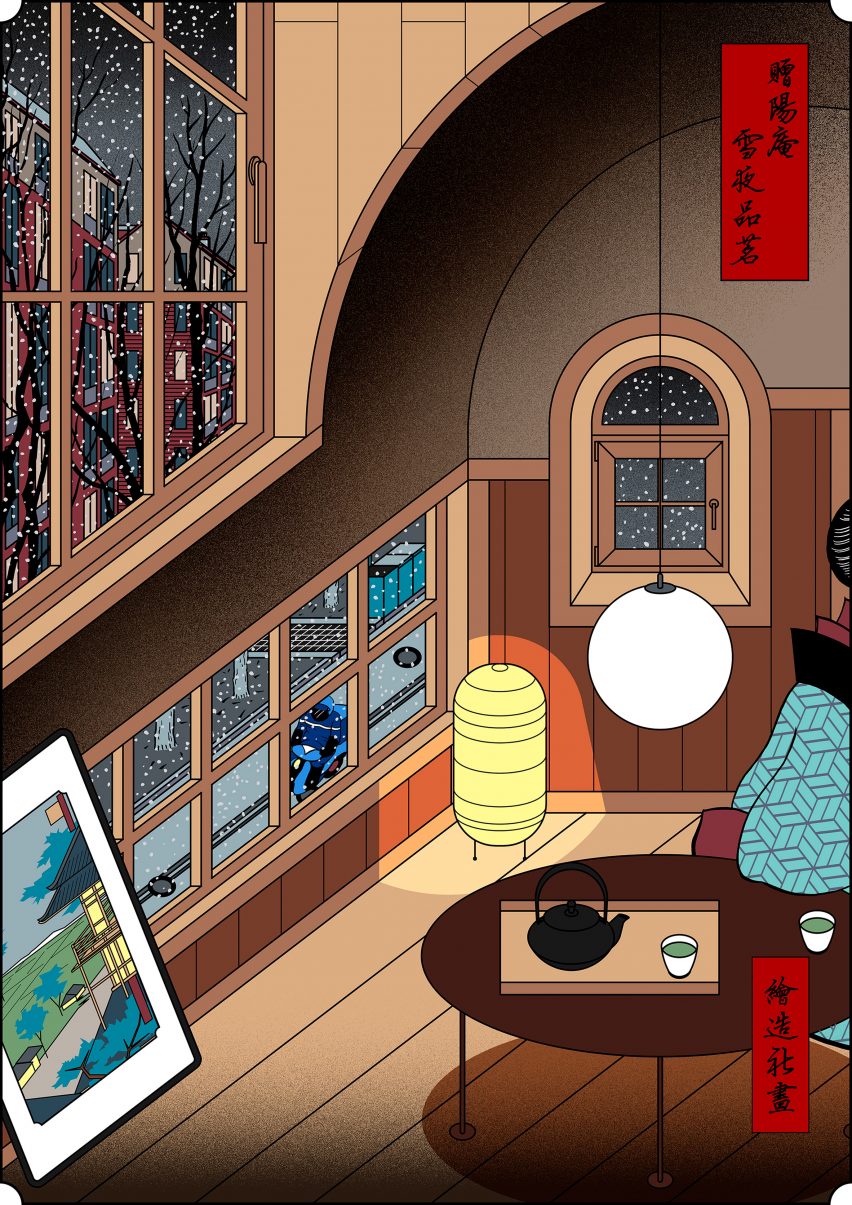 Illustration of tearoom at night in snow of Free Balcony An by Drawing Architecture Studio DAS