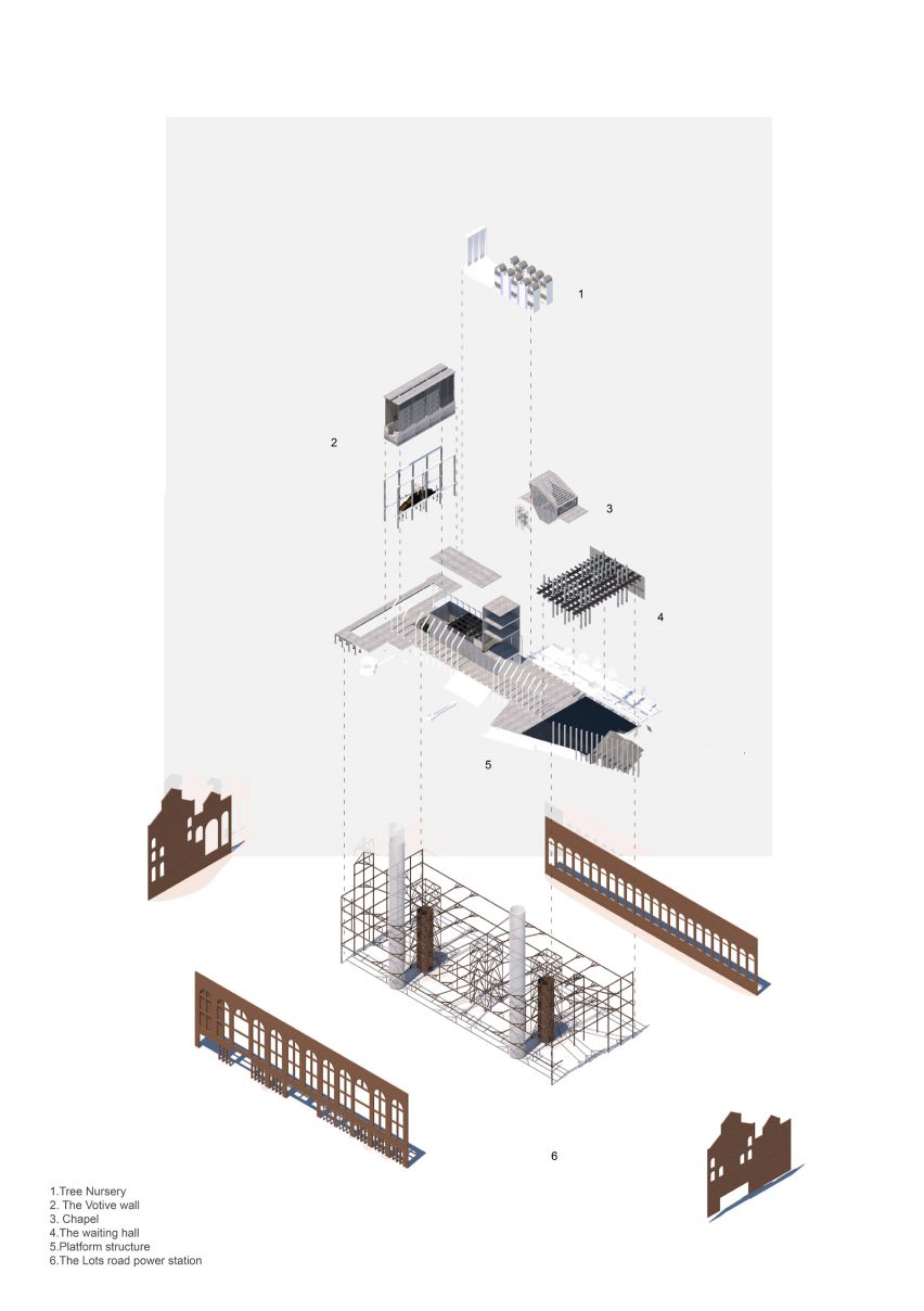 Exploded isometric drawing of Funeral Futures Eco-crematorium by Moying Huang