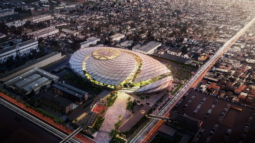 AECOM designs LA Clippers sports complex to resemble a “basketball swishing through a net”