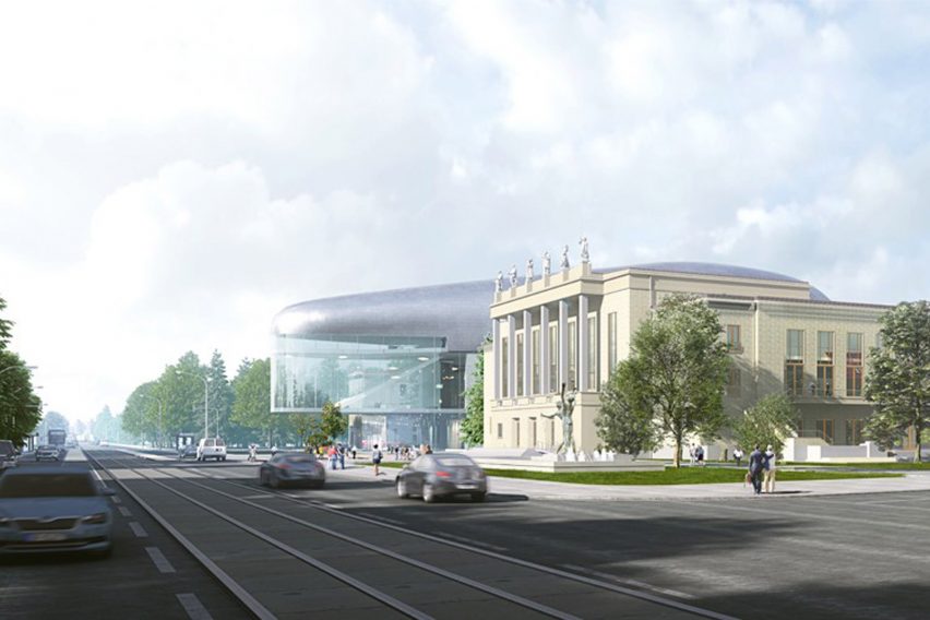 A zinc-clad concert hall by Steven Holl Architects and Architecture Acts will cantilever over the 1960s modernist House of Culture in Ostrava, Czech Republic.