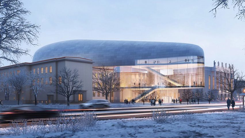 A zinc-clad concert hall by Steven Holl Architects and Architecture Acts will cantilever over the 1960s modernist House of Culture in Ostrava, Czech Republic.