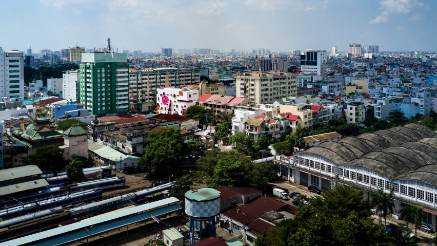 TTC Elite Saigon Kindergarten in by Kientruc O in has a distinctive facade decorated with colourful patches and irregularly shaped windows.
