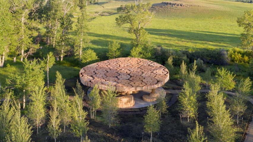 Diébédo Francis Kéré bundles logs to form roof of Tippet Rise Art Center pavilion