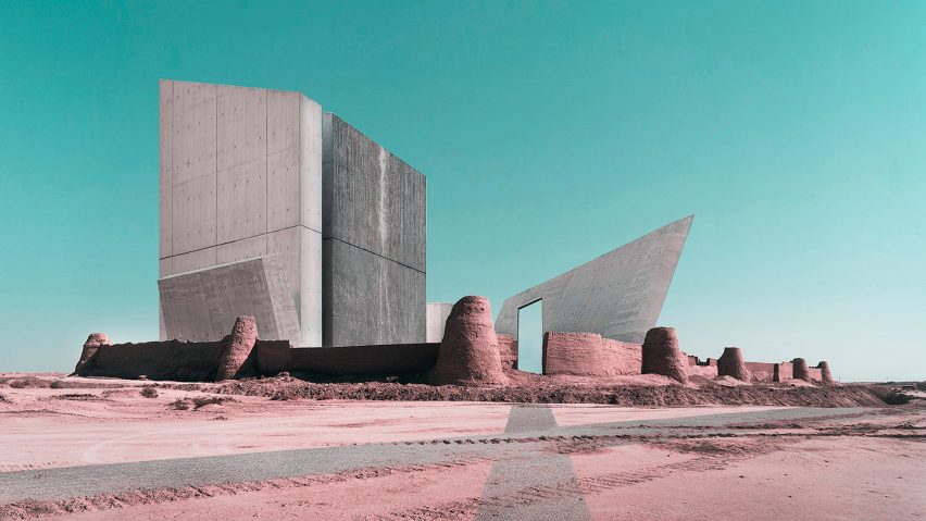 photomontages combining Iranian archaeological sites with contemporary buildings