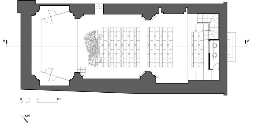 First floor plan of Renovation of Saint Rocco's Church into a theatre by Luigi Valente and Mauro di Bona