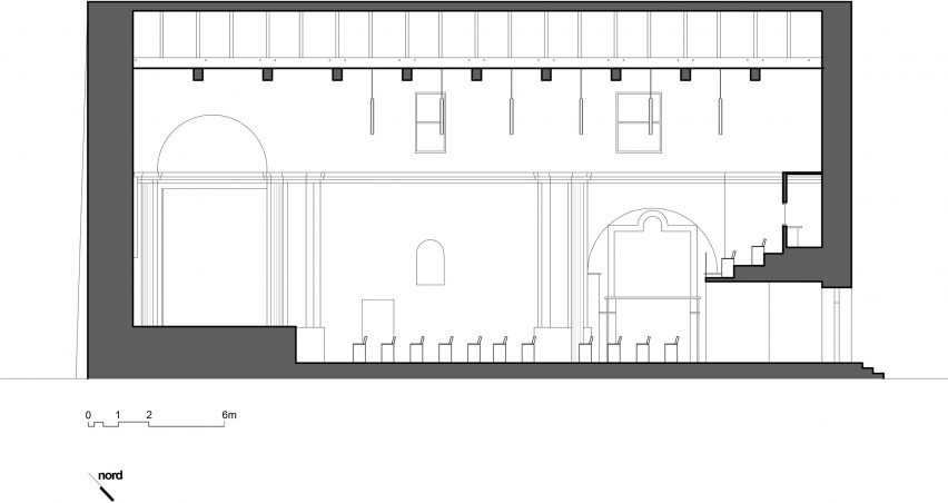 Section A-A of Renovation of Saint Rocco's Church into a theatre by Luigi Valente and Mauro di Bona