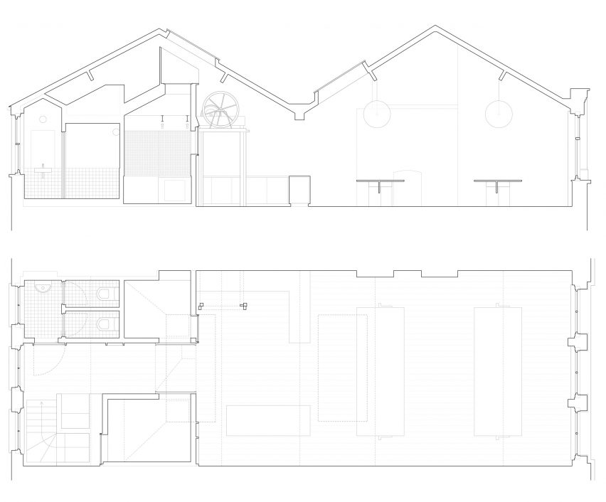 Floor plan and sections of Studio Represent wood office by Alder Brisco