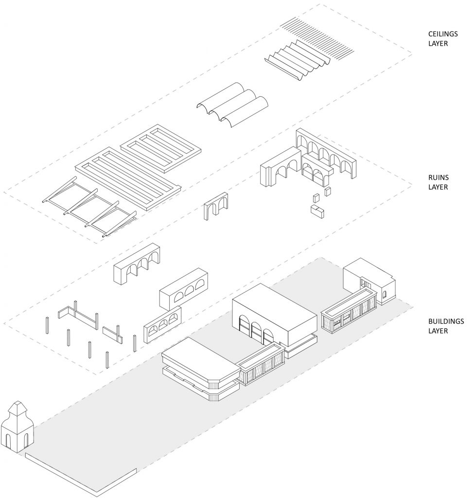 Exploded axonometric diagram of Babylon restaurant and bar by Hoggs & Lamb