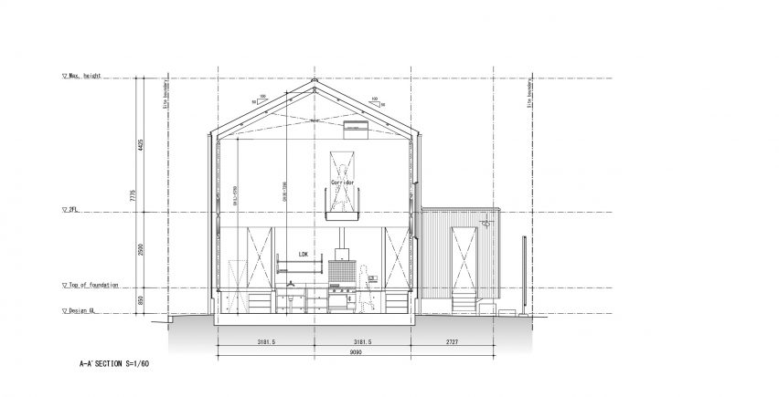 Section A-A of M House by Takeru Shoji Architects