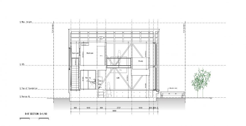 Section B-B of M House by Takeru Shoji Architects