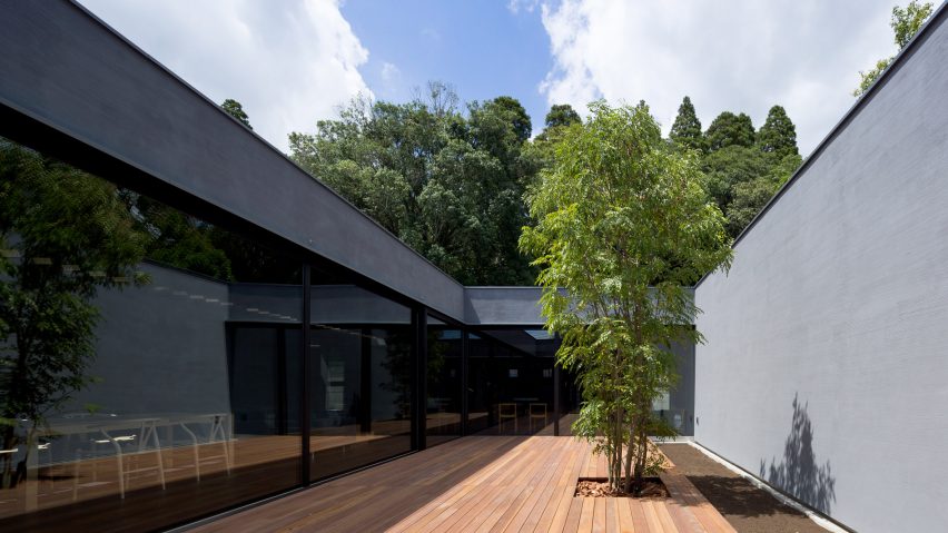 Monolithic black house conceals internal courtyard containing a single tree