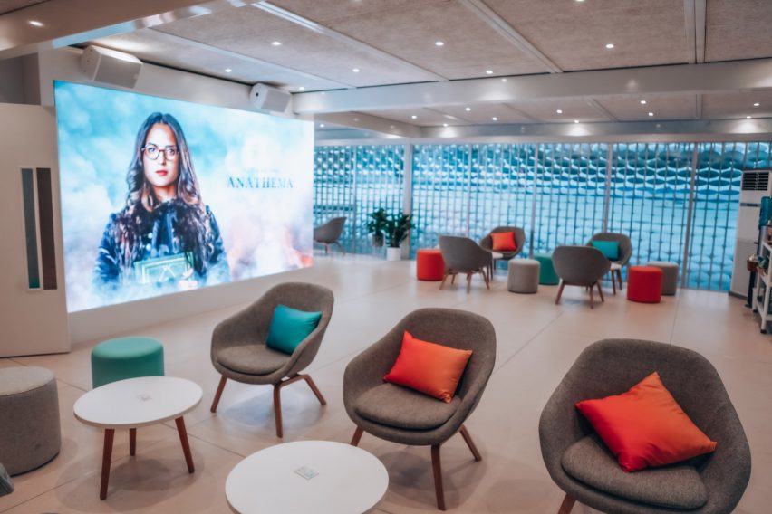 BBC Studios pavilion by Universal Design Studio and Giles Miller Studio at MIPCOM trade show in Cannes