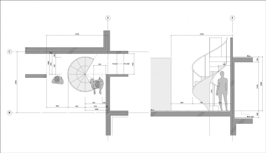 Stair plan and detailed section of House in Ashiya by Kazunori Fujimoto Architects & Associates