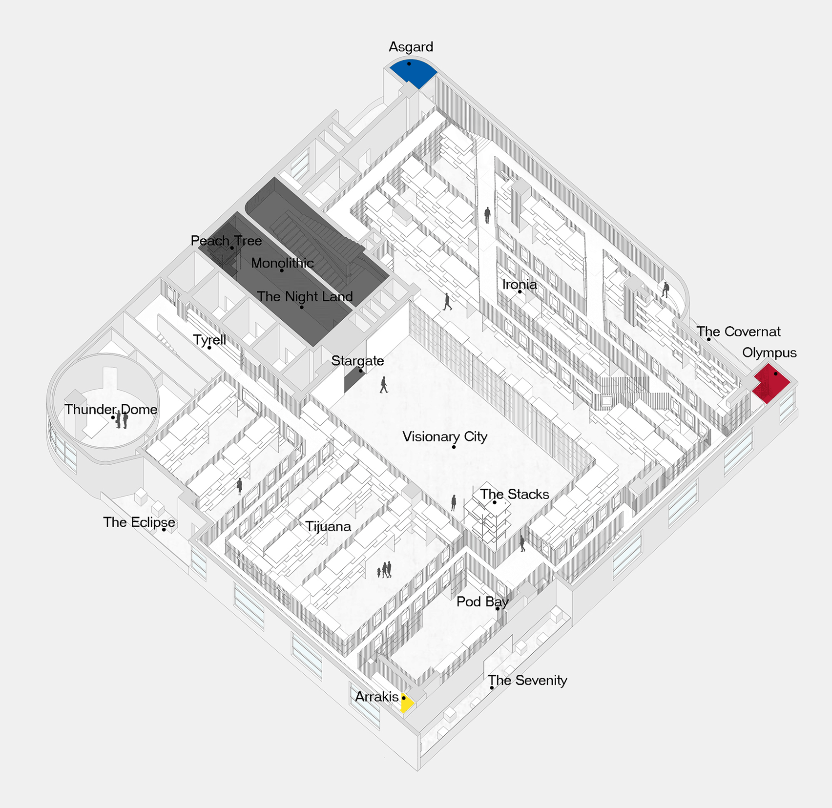 Annotated ground floor axonometric diagram of The Last Redoubt: first architectural model museum by Wutopia Lab