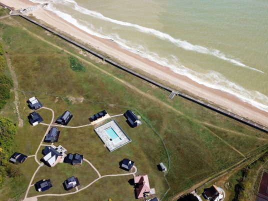 Cabü cabins by the sea in Dymchurch, Kent, England