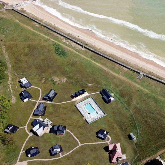 Cabü cabins by the sea in Dymchurch, Kent, England