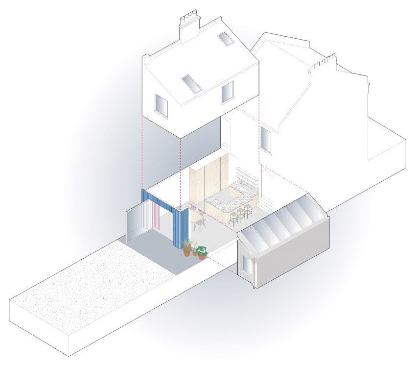 Exploded axonometric of A Brockley Side London house extension and renovation by CAN