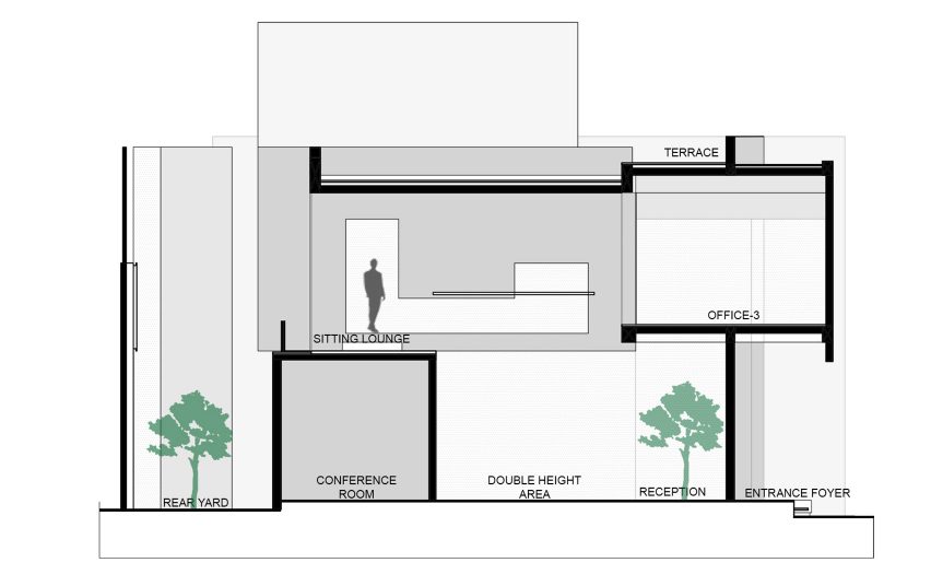 Longitudinal section A of Office 543 by Charged Voids
