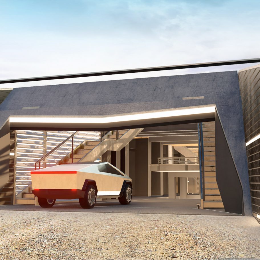 Cyberhouse designed by Modern House Architecture & Design for Cybertruck-driving apocalypse survivors
