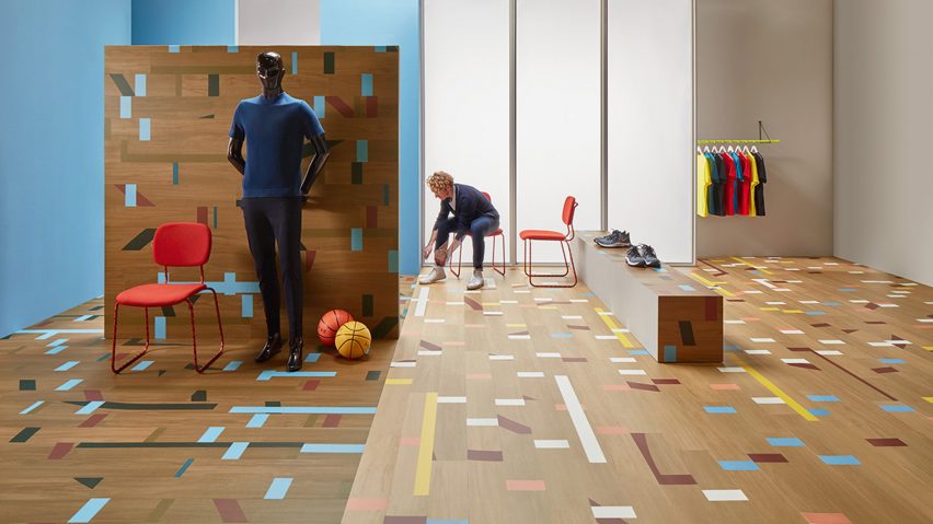 Vinyl Allura tiles mimic the look of a reclaimed gym floor