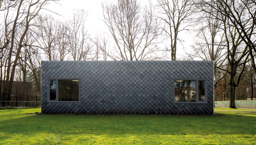Overtreders W and Bureau SLA Music Pavilion at Sint-Oelbert Gymnasium with Pretty Plastic cladding by Overtreders W and Bureau SLA