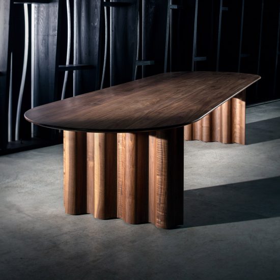 Läufer & Keichel design table with ribbon-like legs for Zeitraum