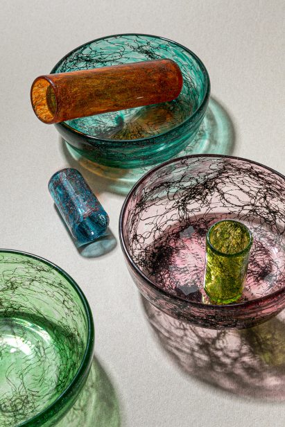 T Sakhi infuses Murano glass with metal wires for Tasting Threads glassware