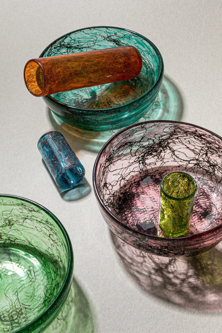 T Sakhi infuses Murano glass with metal wires for Tasting Threads glassware