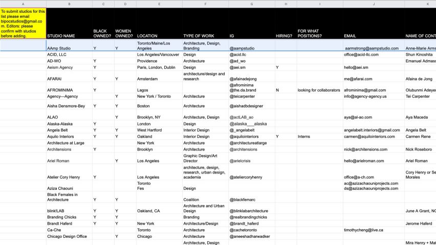 BIPOC Studios Google Docs spreadsheet