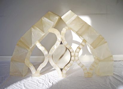 Eliza Hague designs inflatable origami-like "greenhouse villages" from bamboo and shellac
