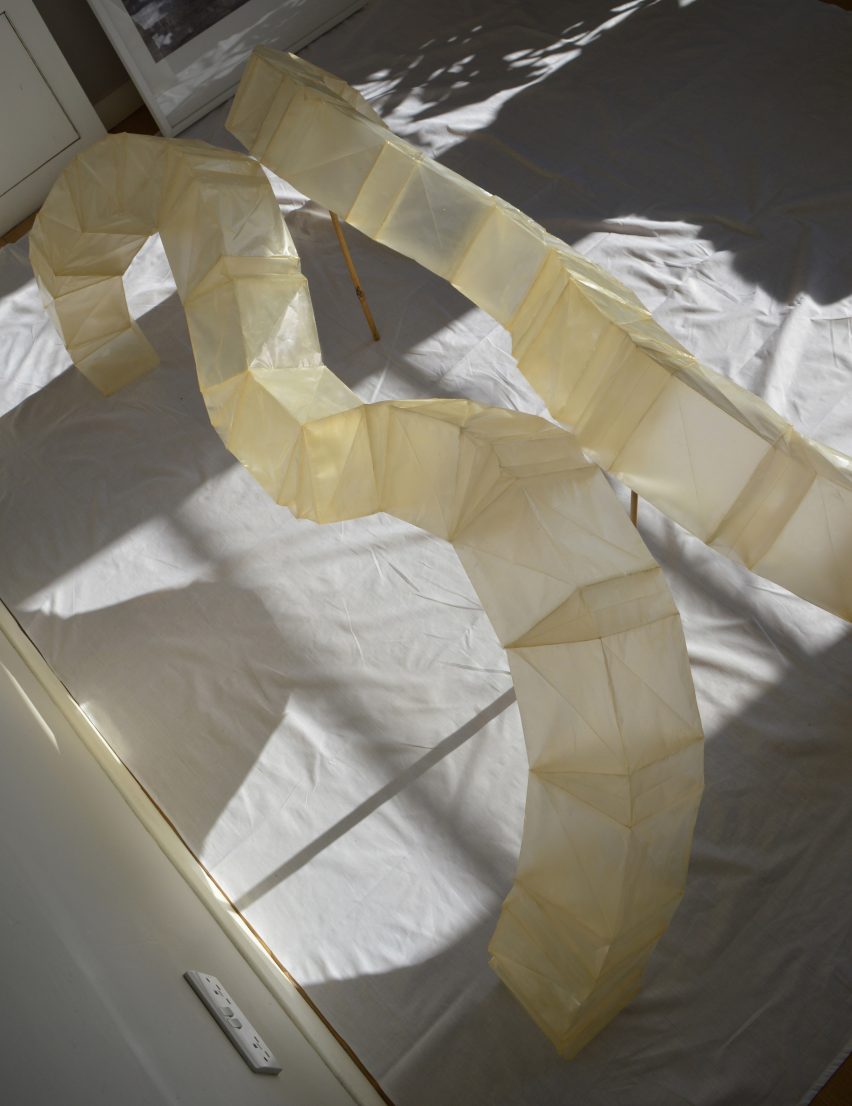 Eliza Hague designs inflatable origami-like "greenhouse villages" from bamboo and shellac