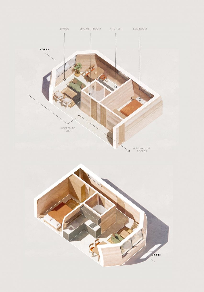 Eliza Hague designs inflatable origami-like "greenhouse villages" from bamboo and shellac